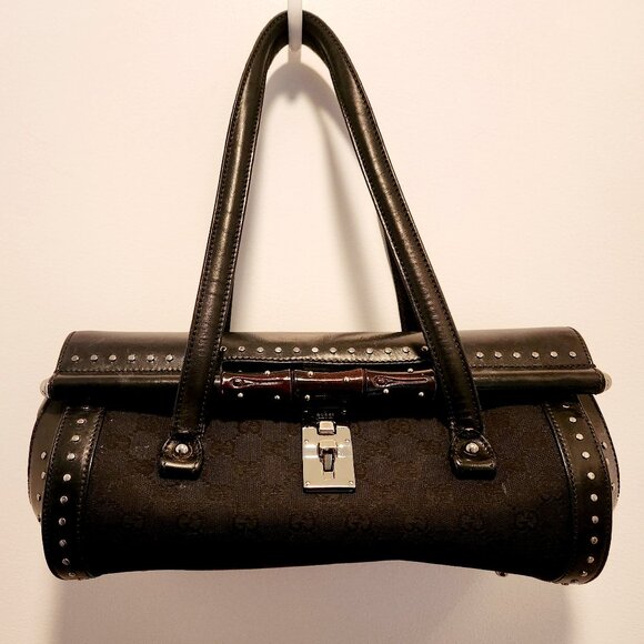 Authentic Gucci Monogram Bullet Satchel Handbag with Bamboo Accent & Dust Bag - Picture 2 of 16